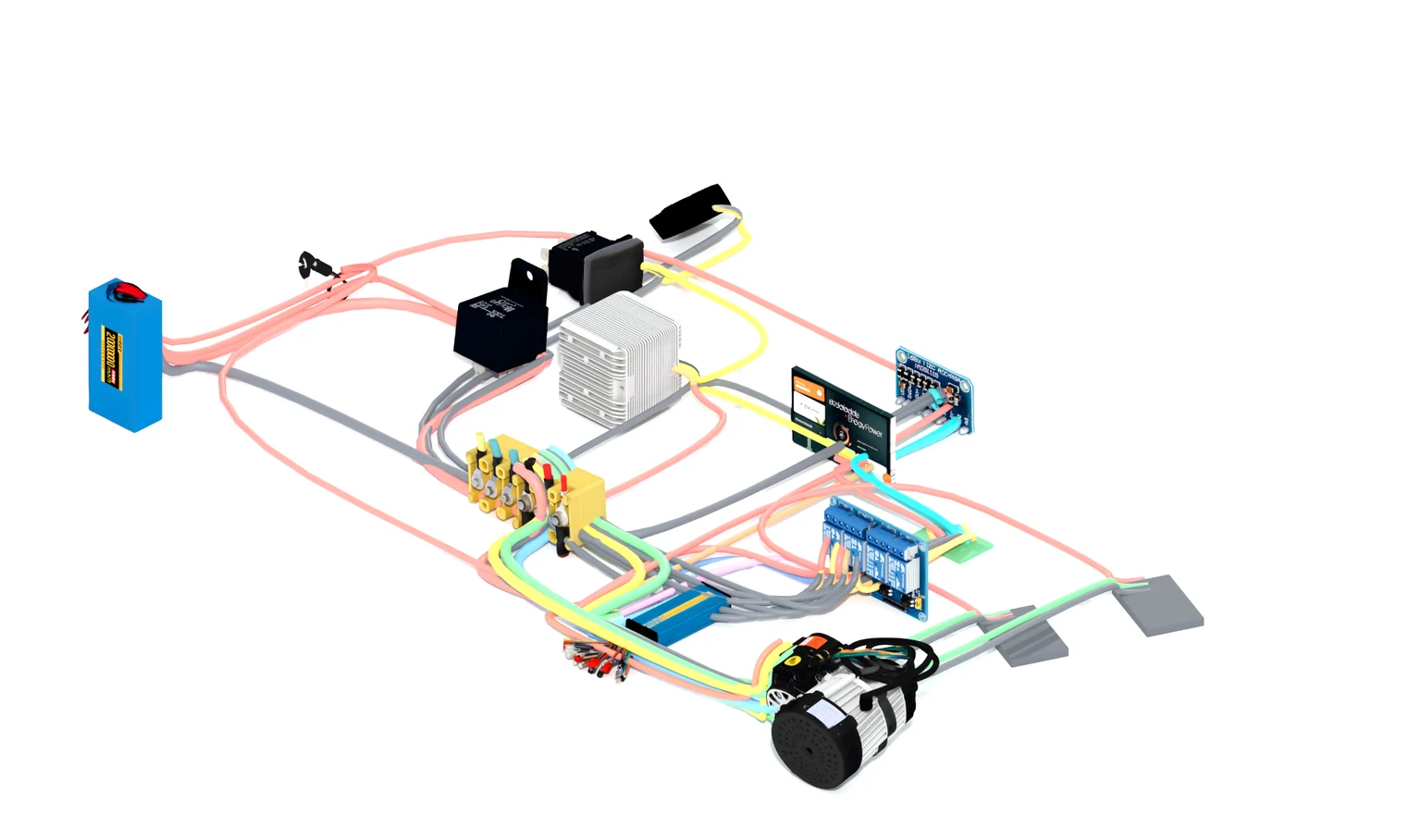 An isometric 3D render of the full ET-160 wiring harness: a blue battery pack at left, fuses and a buck converter in the middle, the ESP32 dash board and the FLIPSKY controller on the right, and the motor at bottom, all connected by color-coded wires showing the power chain and the CAN/control lines.