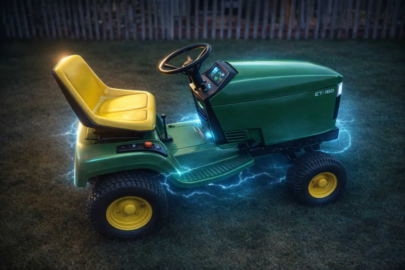 A gas tractor being rebuilt as electric — motor, safety wiring, and a custom dashboard.
